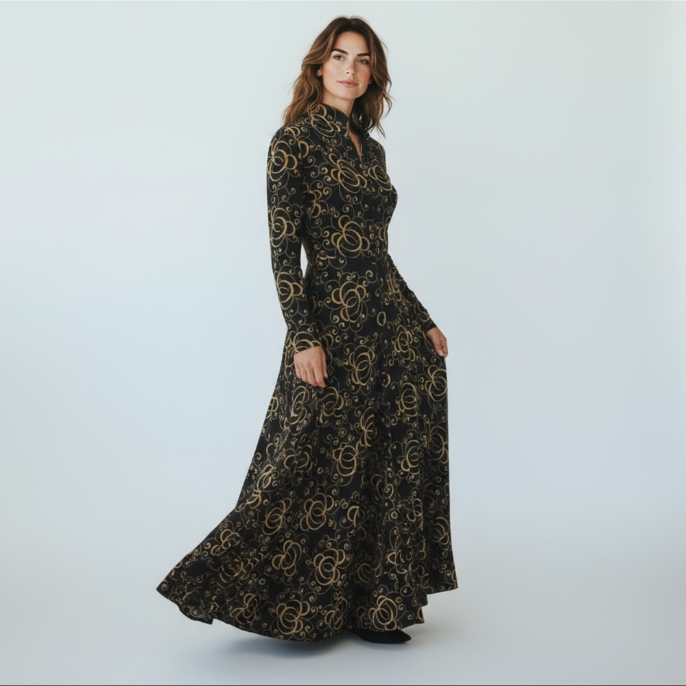 Elegant Couture Black Wool and Gold Embossed Embroidery Dress 1930’s-1940’s EUC